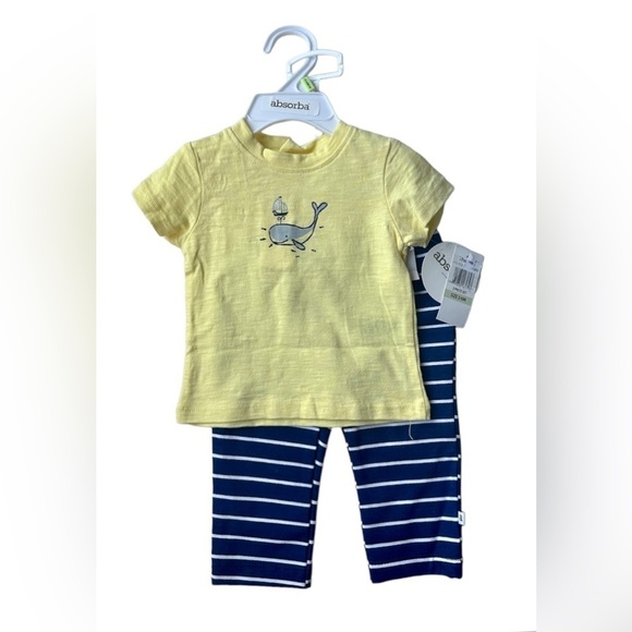 NWT Absorba Baby Boy Two Piece Yellow Blue Whale T-Shirt Striped Pant Set 3-6M - Picture 1 of 7